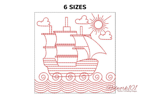 Ship in Ocean Water for Travel Redwork